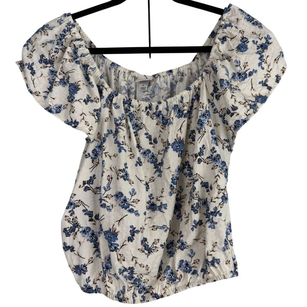 A New Day Blue Porcelain Floral Off The Shoulder Blouse Short‎ Sleeve Medium